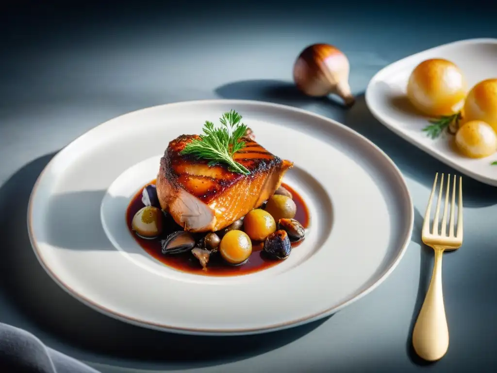 Una obra de arte culinaria: un exquisito plato de coq au vin resalta la influencia del diseño francés en la gastronomía