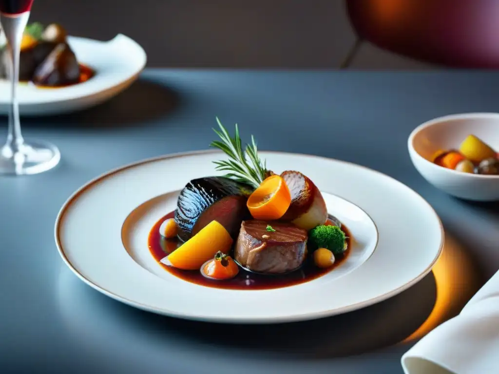 Una obra de arte culinaria francesa, con una explosión de colores en plato meticulosamente arreglado