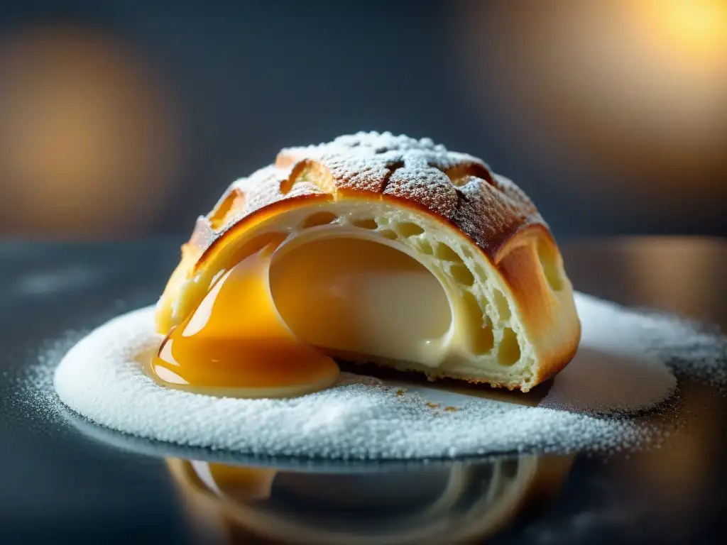 Una obra de arte culinaria francesa: un pastel sous vide perfectamente cocido con un exterior brillante y caramelizado, meticulosamente detallado