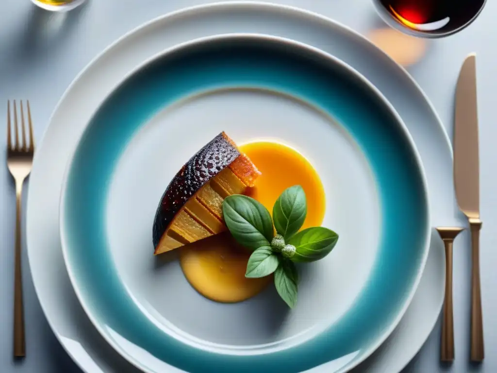 Una obra de arte culinaria francesa, con técnicas avanzadas de presentación en un plato moderno y elegante