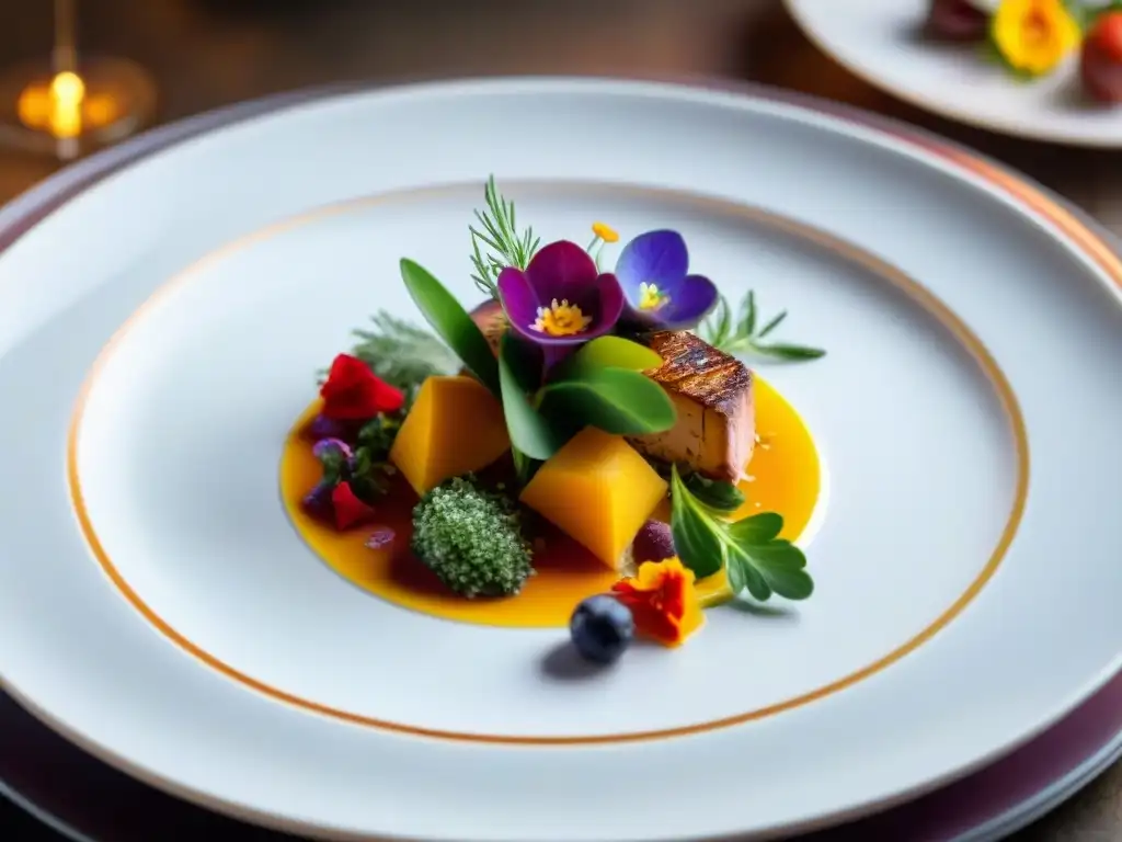 Una obra de arte culinaria francesa, con coloridos ingredientes y flores comestibles, reflejando precisión y creatividad en la presentación