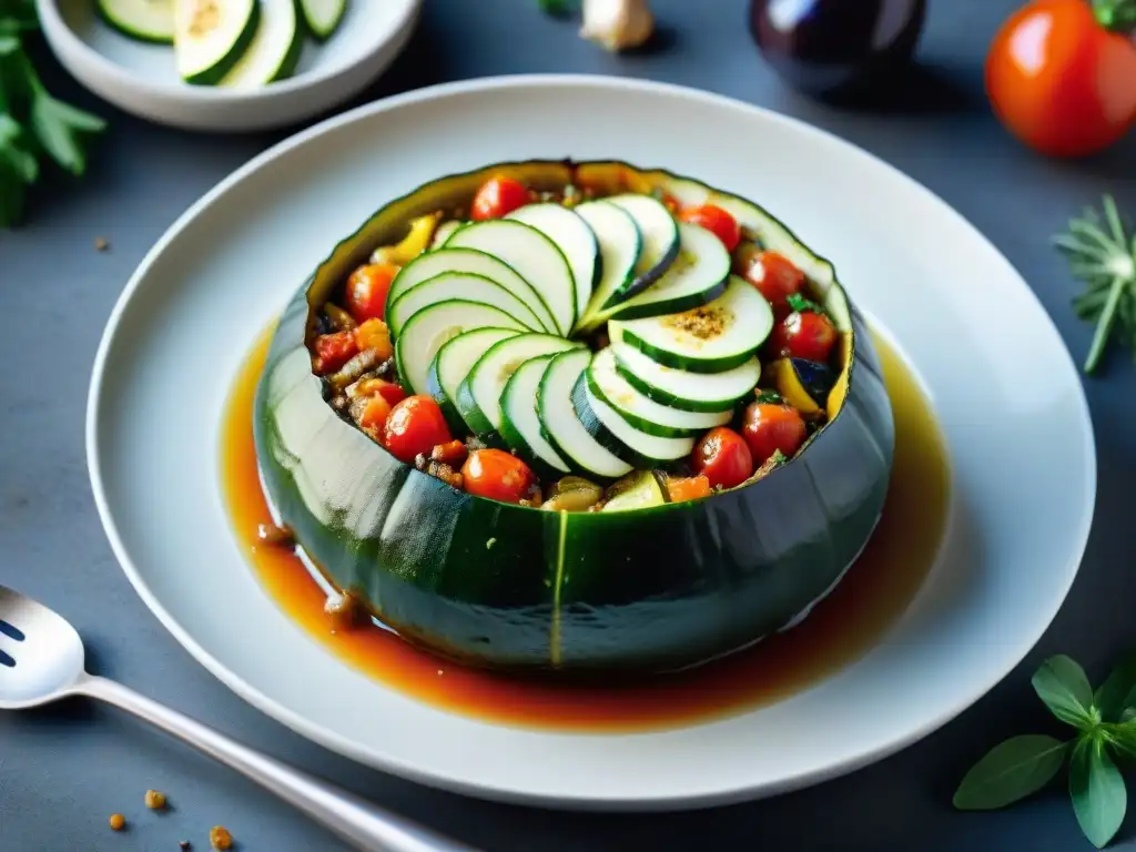 Una obra de arte culinaria: receta tradicional ratatouille provenzal con capas vibrantes de verduras en una rustica fuente de cerámica