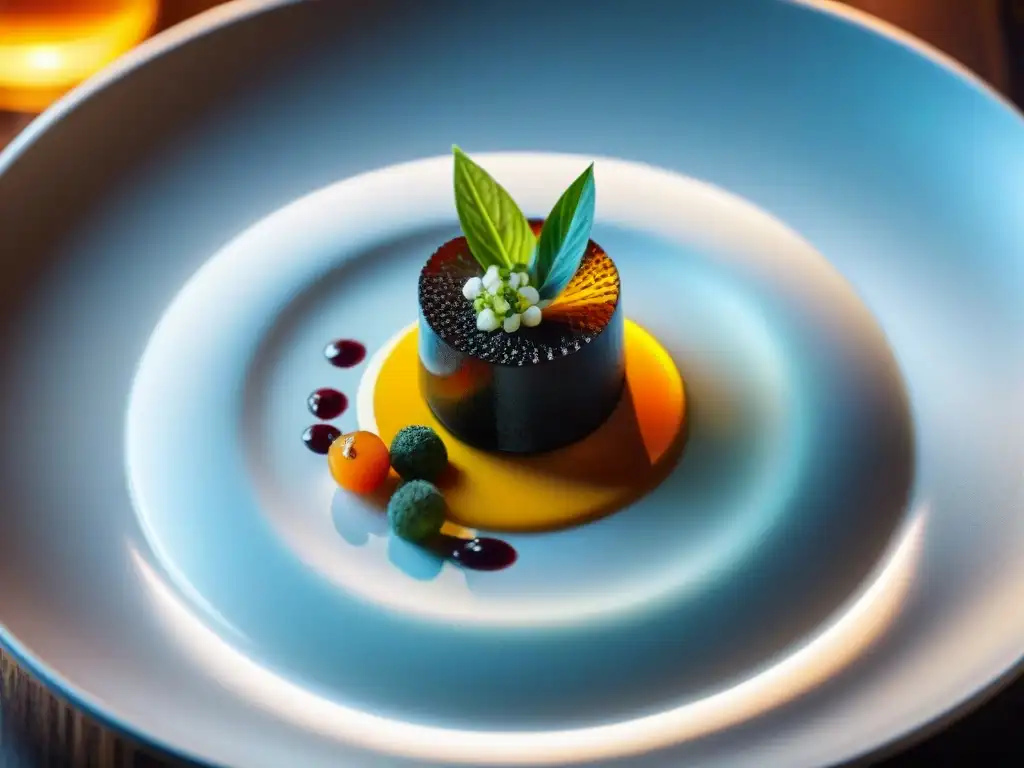 Obra de arte culinaria en restaurante estrella Michelin en Francia, plato meticulosamente decorado