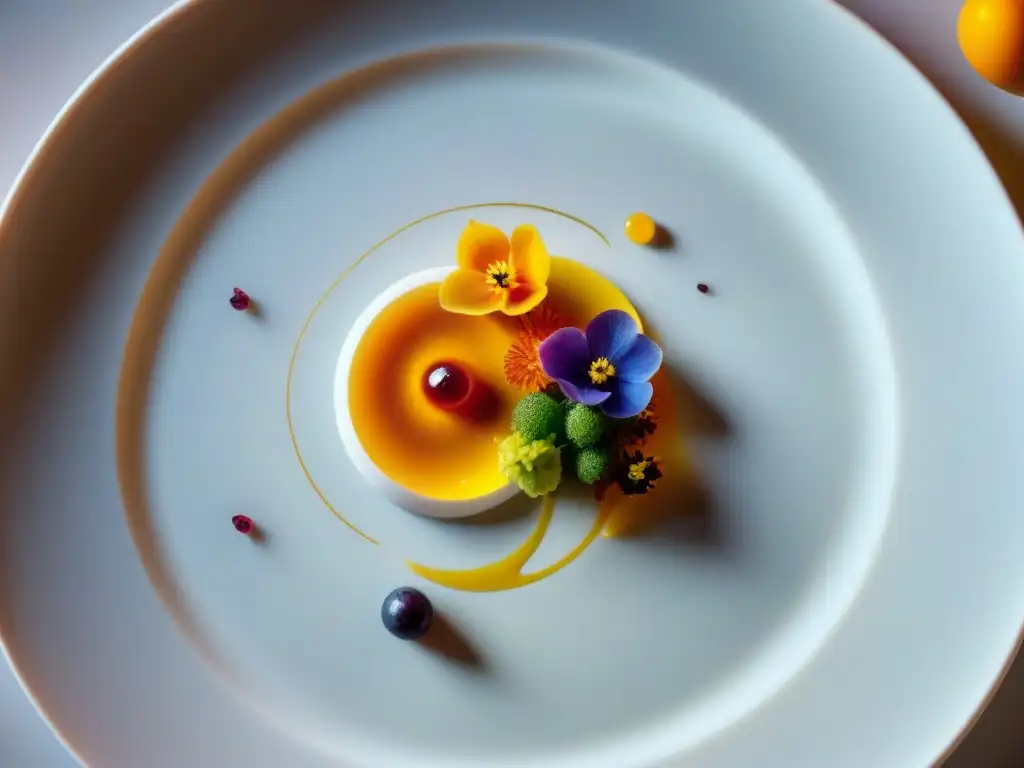 Una obra de arte gastronómica francesa vanguardista en Lyon, con espumas, geles y flores comestibles en delicado plato blanco