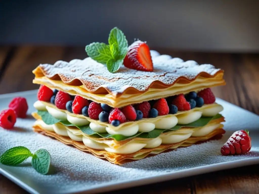 Una obra de arte de pastelería francesa: un exquisito milhojas con capas de hojaldre y crema, decorado con frutas y menta