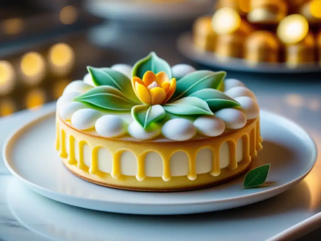 Una obra de arte de la pastelería francesa: un delicado pastel adornado con flores de azúcar en tonos pastel, en una elegante presentación blanca