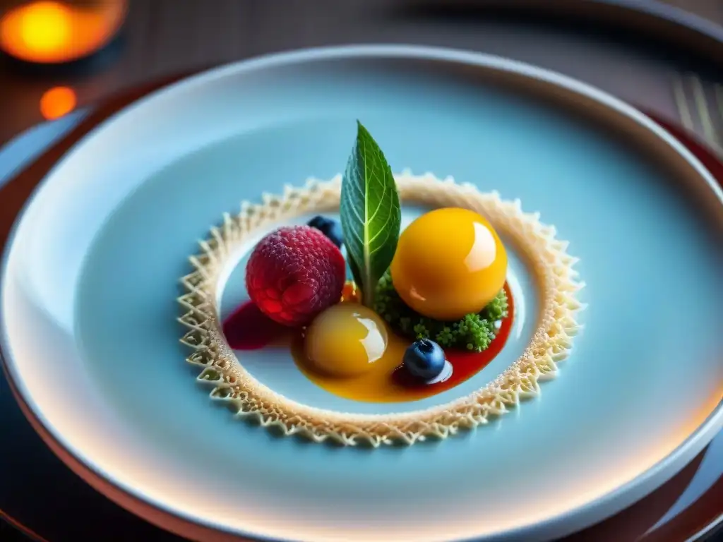 Una obra culinaria de alta cocina francesa en París: un plato exquisitamente presentado lleno de colores y texturas vibrantes