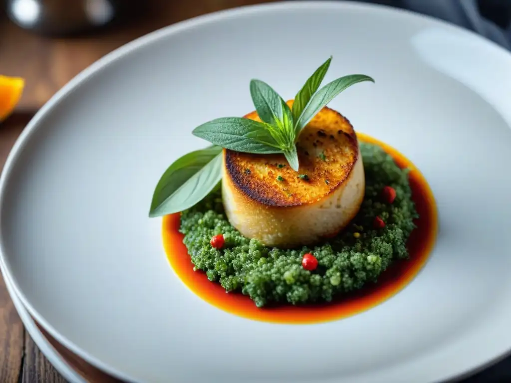 Una obra culinaria francesa con hierbas y especias cuidadosamente dispuestas en un plato blanco