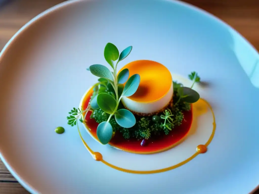 Una obra culinaria francesa innovadora, con colores y texturas vibrantes, sobre un plato de porcelana blanco en una cocina profesional ocupada