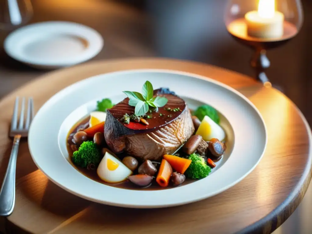 Una obra maestra de la cocina francesa: Coq au Vin o Beef Bourguignon en una mesa rústica, con el chef en acción