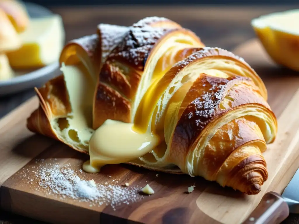 Una obra maestra de la cocina francesa: un croissant dorado recién horneado con mantequilla derritiéndose