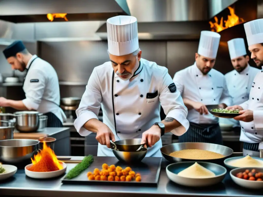 Auguste Escoffier creando una obra maestra culinaria en una bulliciosa cocina francesa de alta gama