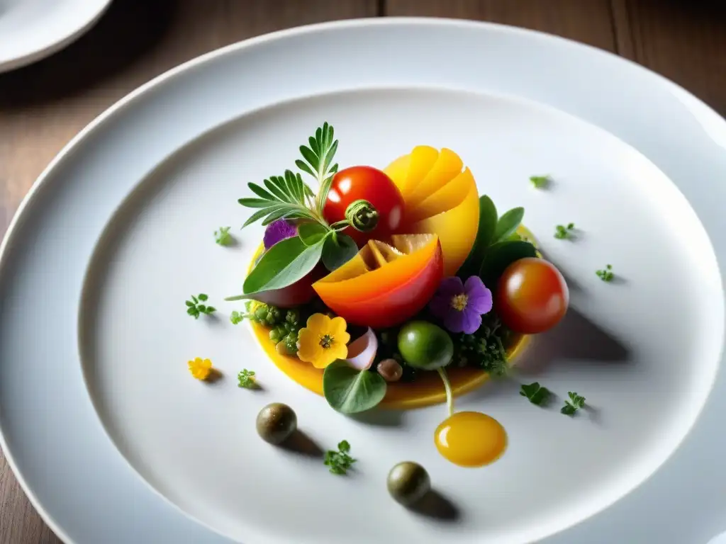 Una obra maestra culinaria francesa con armonía cromática en cada detalle, exquisitamente arreglada en un plato blanco