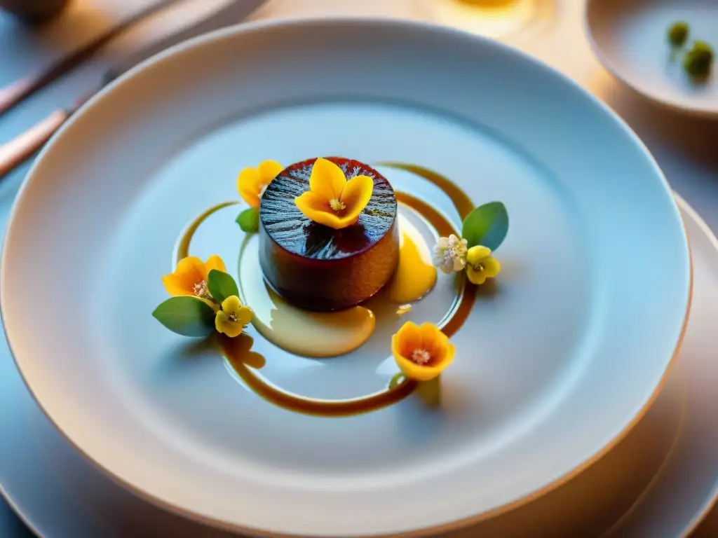 Una obra maestra culinaria francesa en restaurante de alta categoría, con foie gras, trufas y flores comestibles