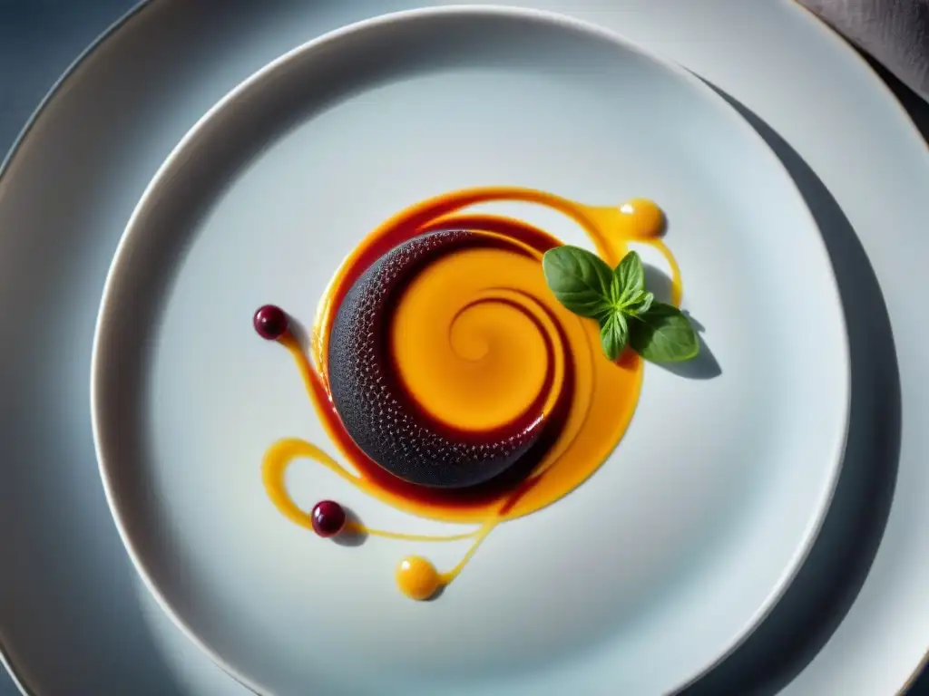 Una obra maestra culinaria de la nouvelle cuisine en gastronomía francesa: colores vibrantes, presentación delicada e ingredientes innovadores