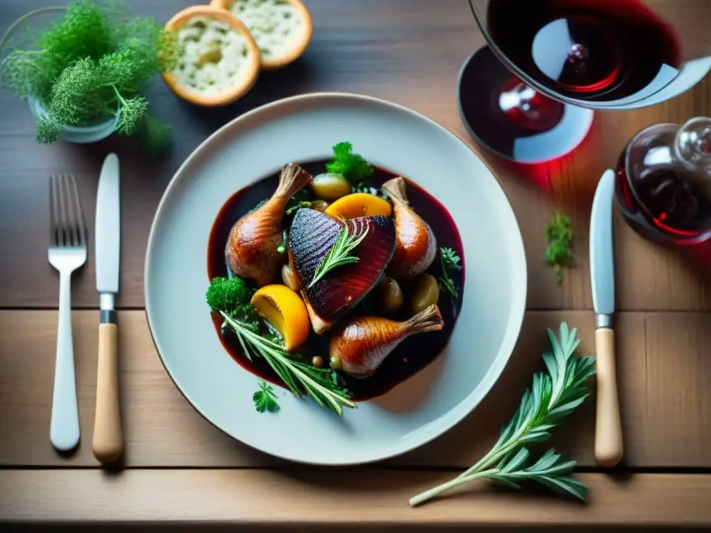 Una obra maestra de la gastronomía francesa innovadora: Coq au Vin presentado con elegancia en una mesa de madera rústica