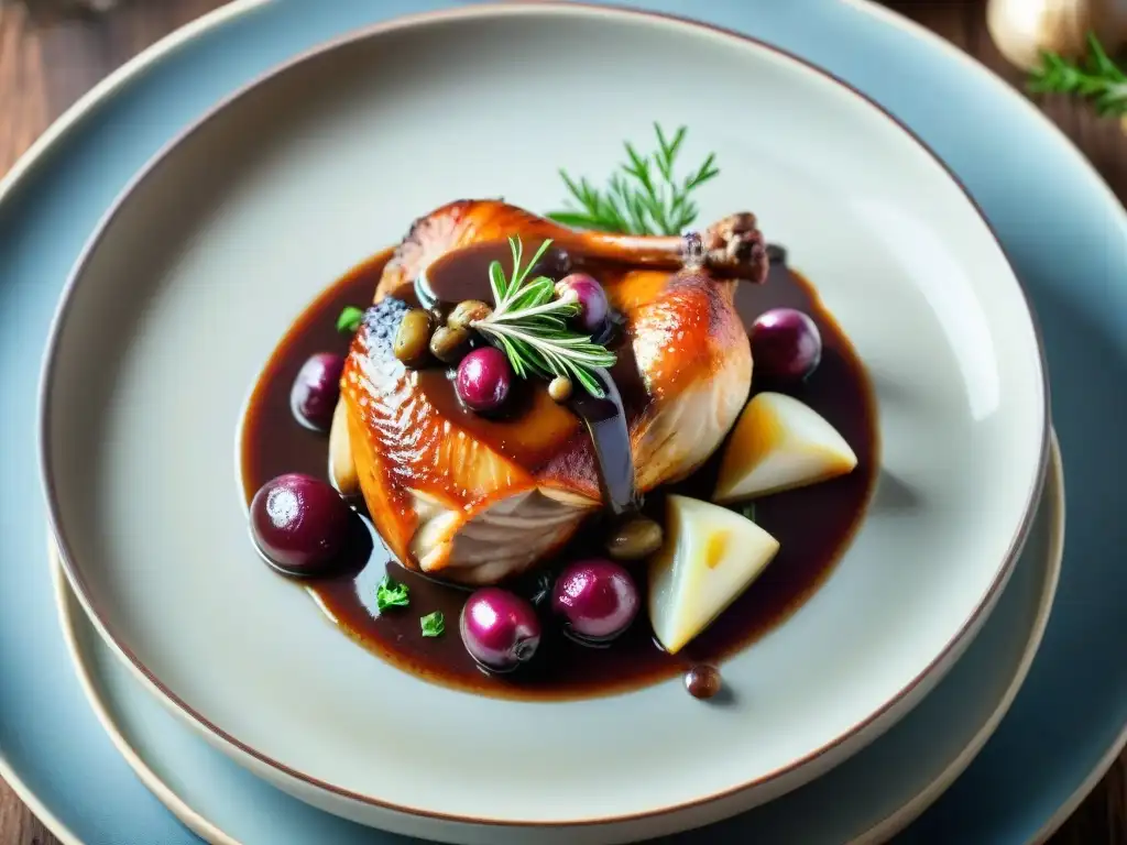 Una obra maestra de la fotografía de platos franceses para Instagram: Coq au Vin perfectamente presentado en un elegante plato de cerámica rústica