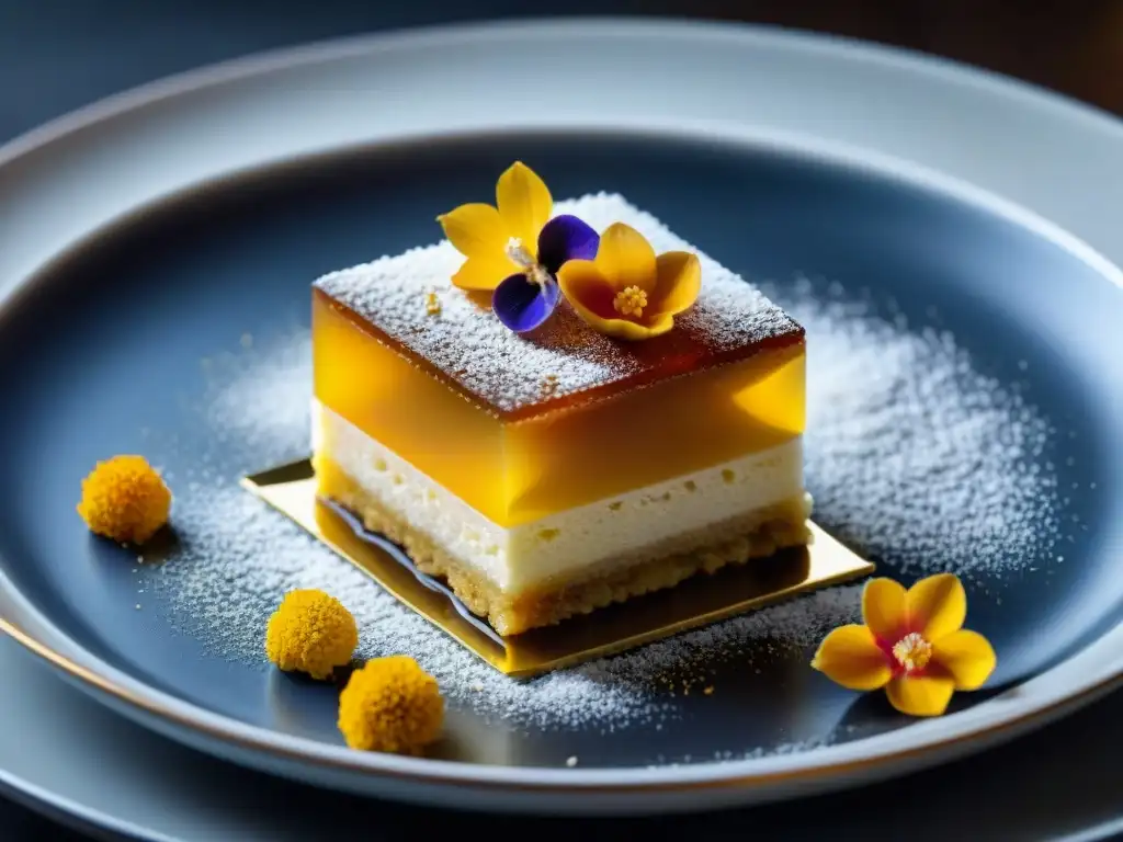 Una obra maestra de postres franceses contemporáneos innovadores: detalles dorados, flores vibrantes y elegancia en un plato minimalista