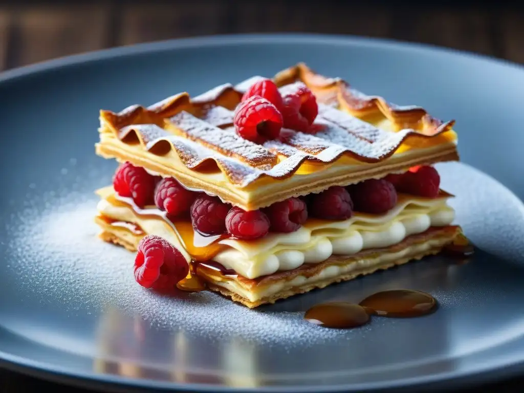 Una obra maestra de la repostería francesa: Delicias para paladares en un milhojas perfectamente detallado con crema, caramelo y frambuesa