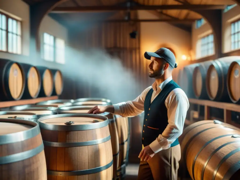 Un obrero de cervecería en Francia inspecciona barricas de cerveza artesanal en un ambiente nostálgico y cálido