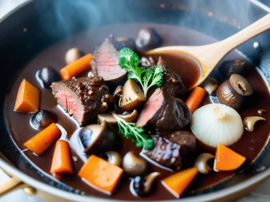 Una olla burbujeante de Bœuf Bourguignon tradicional Francia: carne tierna, zanahorias, cebollas perladas y champiñones en salsa de vino tinto