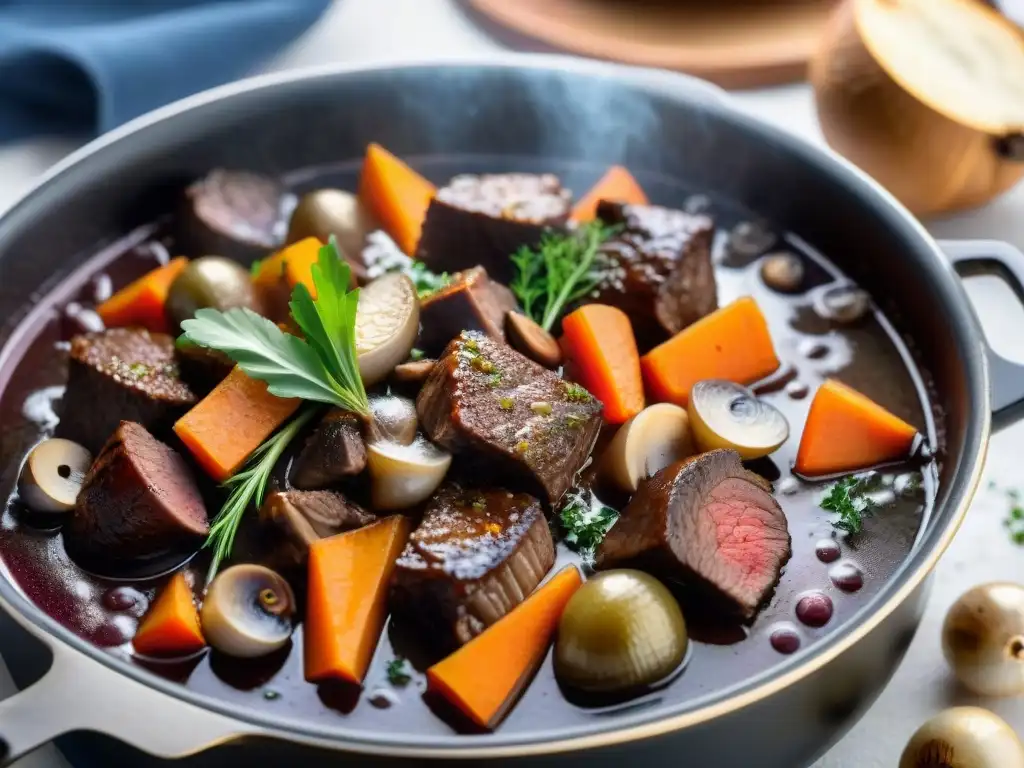 Una olla burbujeante con trozos tiernos de carne, cebollas, zanahorias y champiñones en salsa de vino tinto