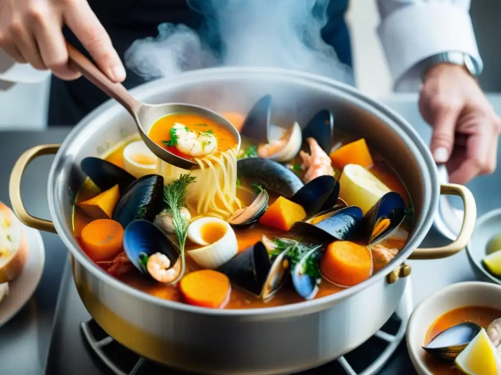 Chef remueve olla de bouillabaisse, muestra detalles y colores vibrantes