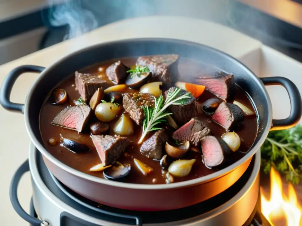 Una olla humeante de tradicional bœuf bourguignon francés en la estufa, evocando calidez y comfort