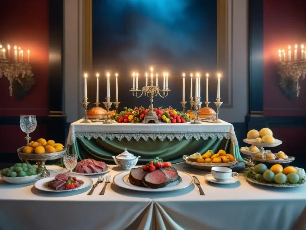 Una opulenta mesa de banquete francés durante la Revolución Francesa, rodeada de nobles conversando, reflejando la política en la gastronomía francesa