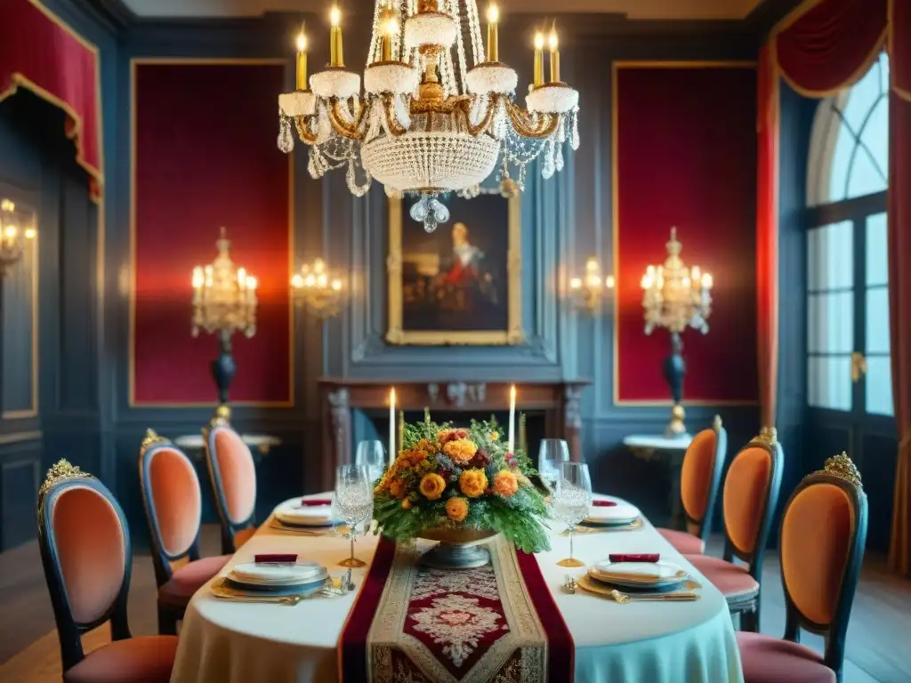 Una opulenta mesa de cena al estilo del Renacimiento francés con vajilla dorada, copas de cristal, y centros florales elaborados