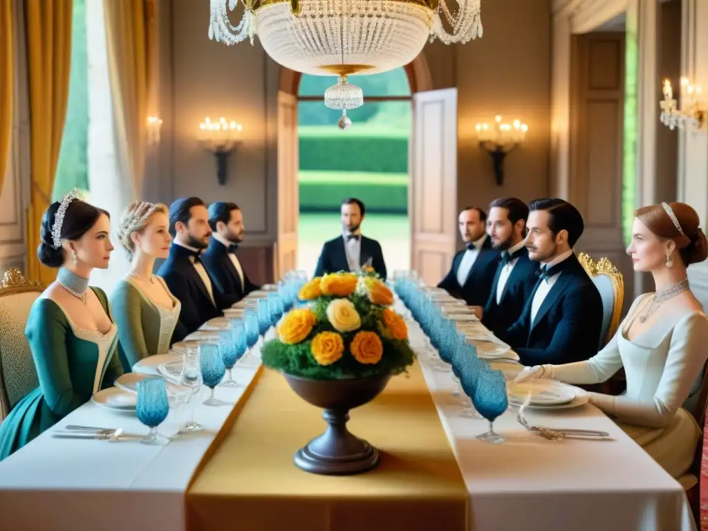 Un opulento banquete literario en un château francés con personajes famosos degustando