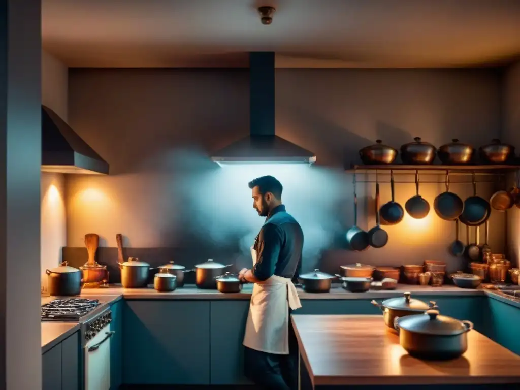 Un oscuro rincón de una cocina francesa de noche, con utensilios colgando y una figura misteriosa en uniforme de chef