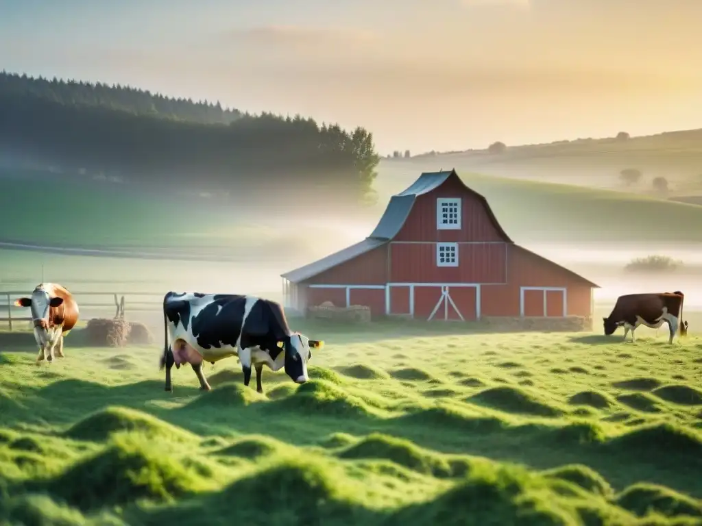 Pacífica granja lechera francesa al amanecer con vacas pastando y granjero llevando leche fresca