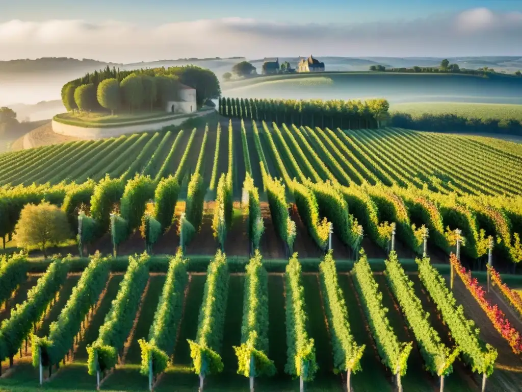 Un paisaje aéreo impresionante de viñedos en la región de Burdeos, mostrando la historia de vinos franceses innovadores