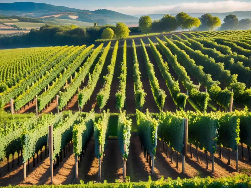 Un paisaje aéreo de los viñedos biodinámicos en Francia, con hileras de uvas y un chateau elegante entre la vegetación exuberante