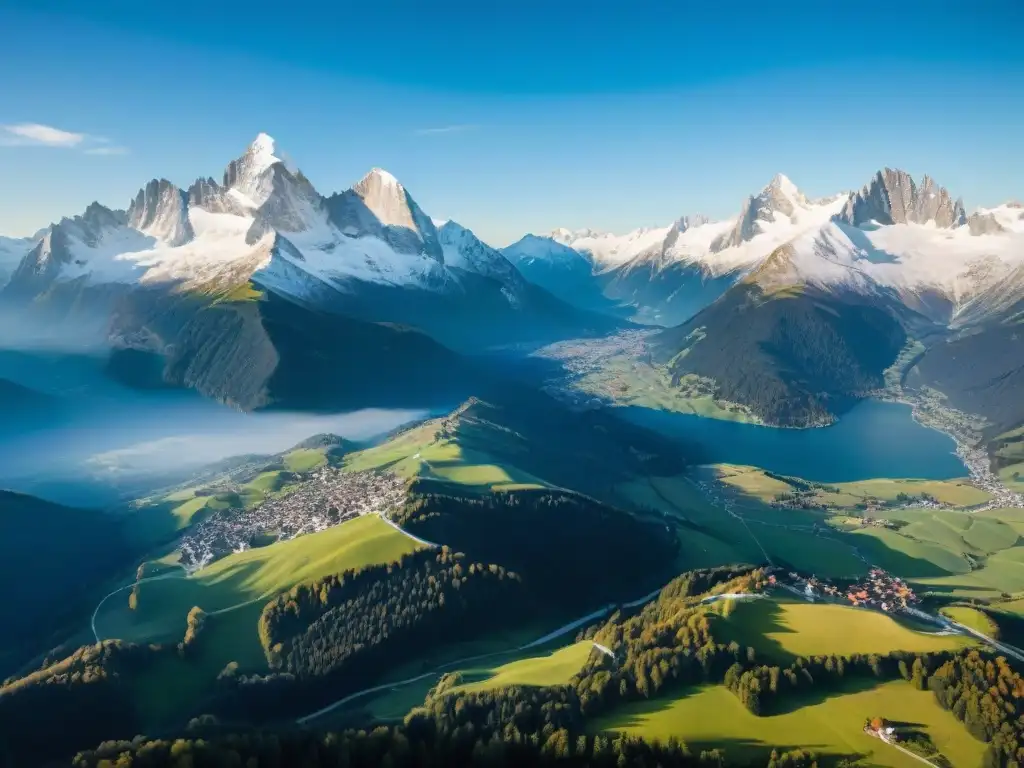 Un paisaje alpino impresionante en Savoia, con senderos serpenteantes hacia pueblos alpinos y la gastronomía alpina en Savoia