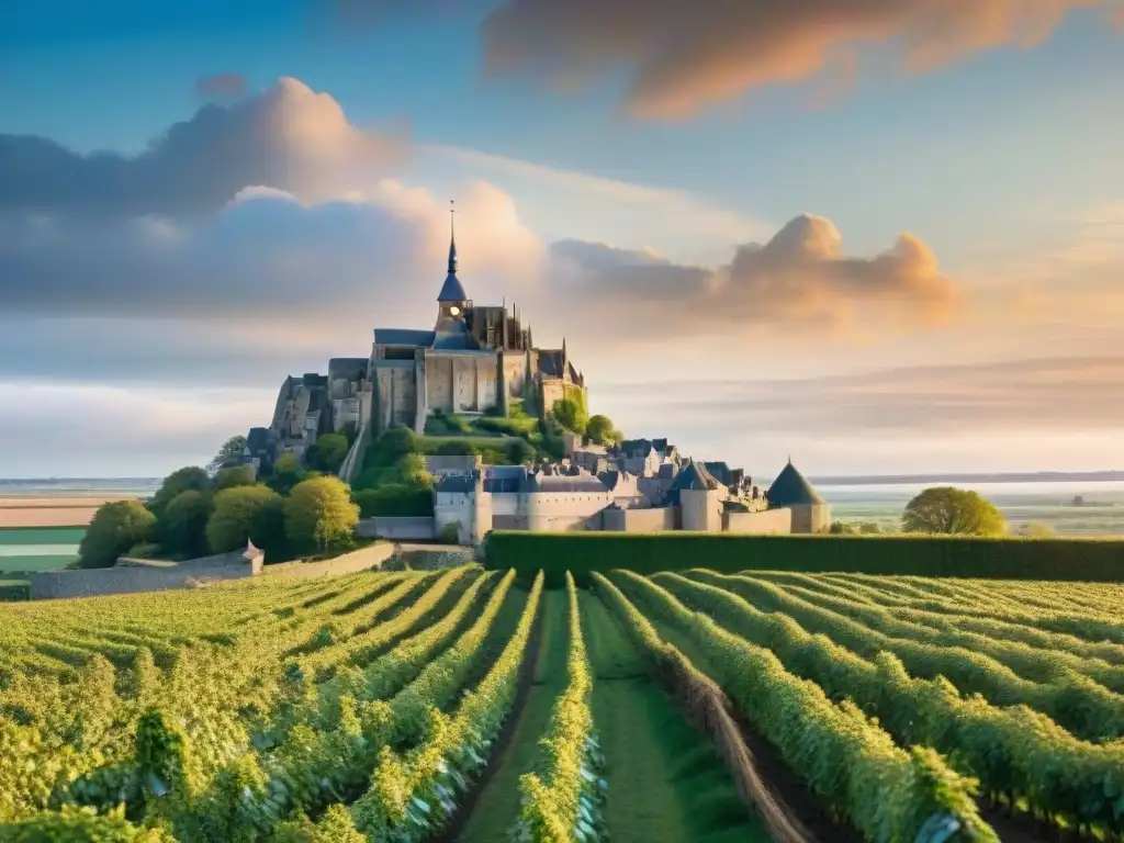 Paisaje normando al atardecer con huertos de manzanas, granja y Mont Saint-Michel