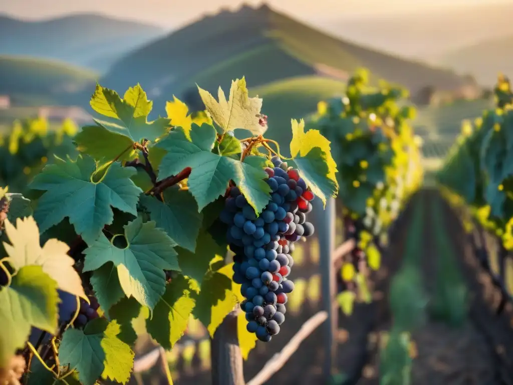 Un paisaje biodinámico de viñedos al atardecer en Francia, resaltando la red de hojas y racimos de uvas