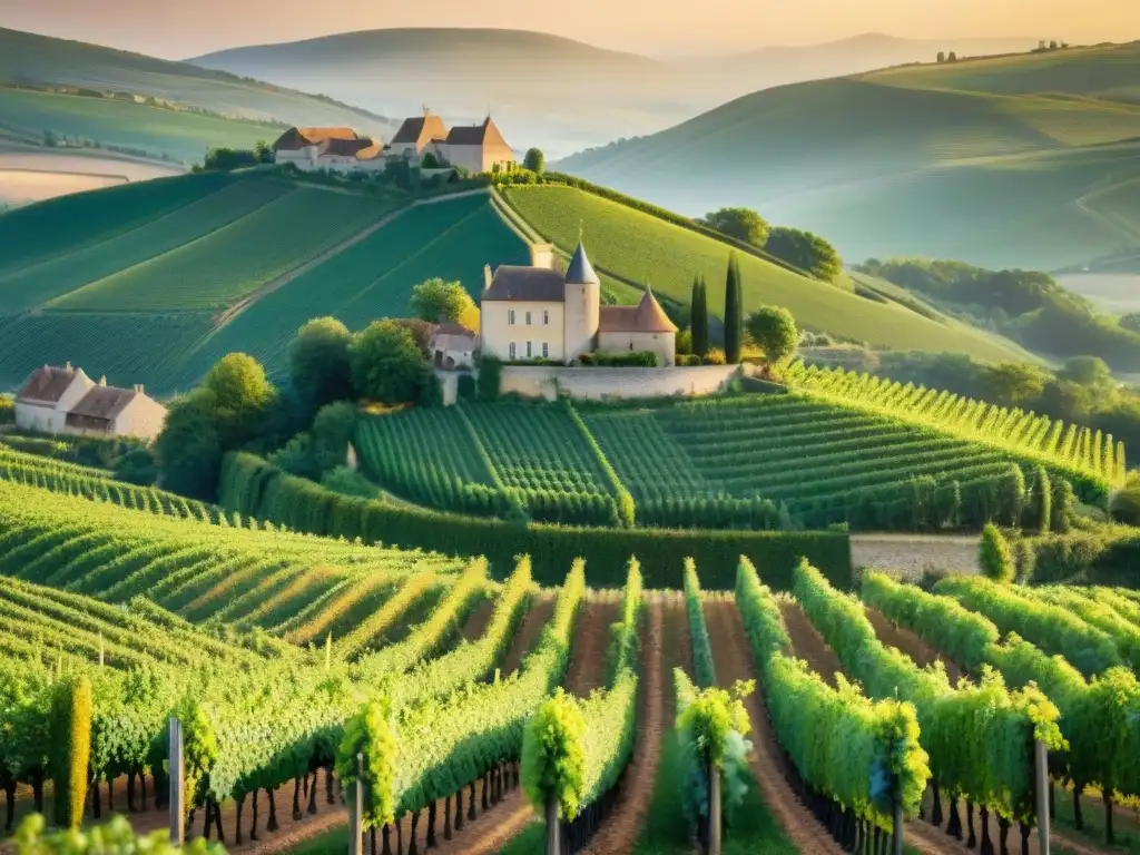 Un paisaje bucólico en Borgoña al atardecer, viñedos dorados y un encantador pueblo francés