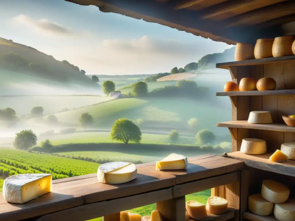 Un paisaje bucólico de Normandía con granjas, vacas pastando y una bodega de quesos con ruedas de Camembert en estantes de madera