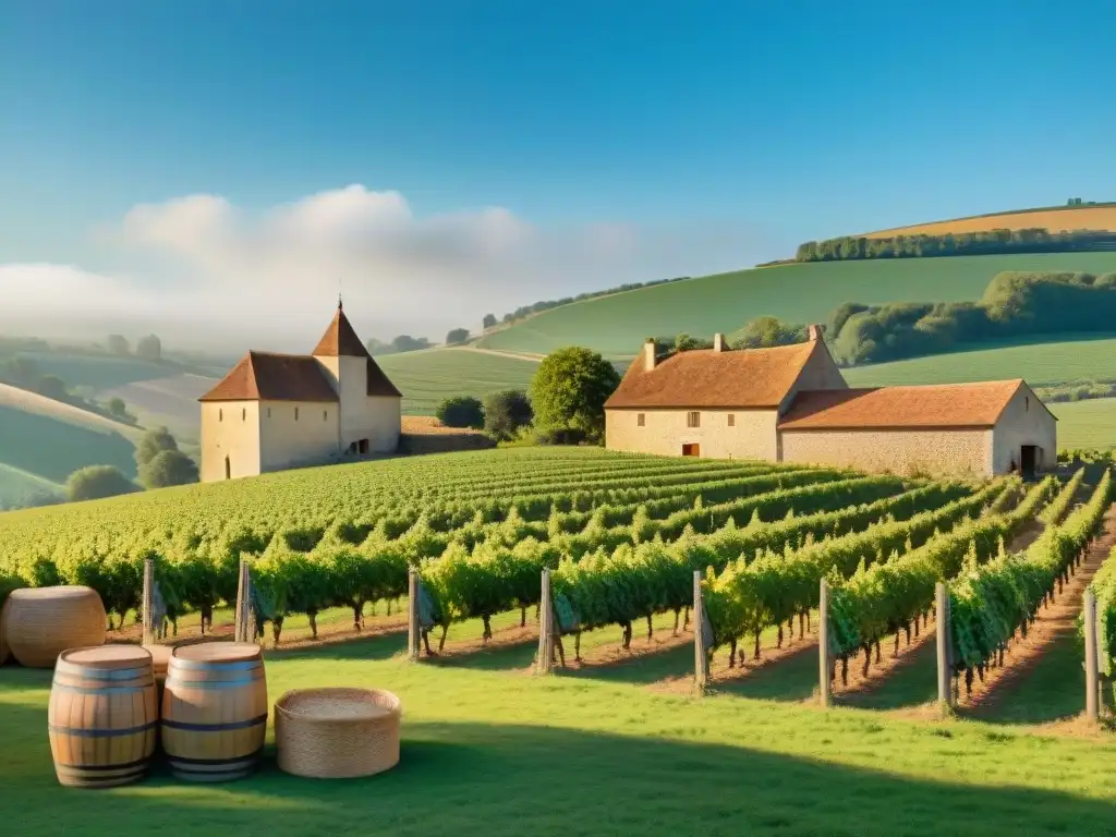 Un paisaje campestre francés muestra una bodega tradicional y una quesería artesanal, reflejando la influencia cultural de la Revolución Francesa en la gastronomía