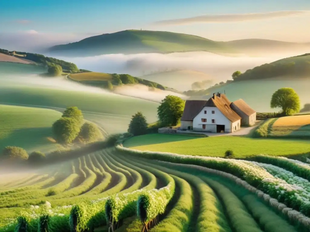 Paisaje campestre francés con granja láctea al amanecer, resaltando los beneficios lácteos en la dieta francesa