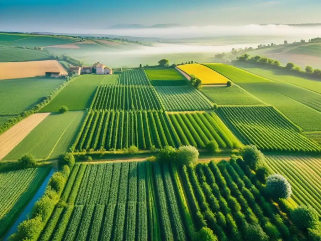 Paisaje campestre en Gasconia, Francia, con granjas, ríos y patos