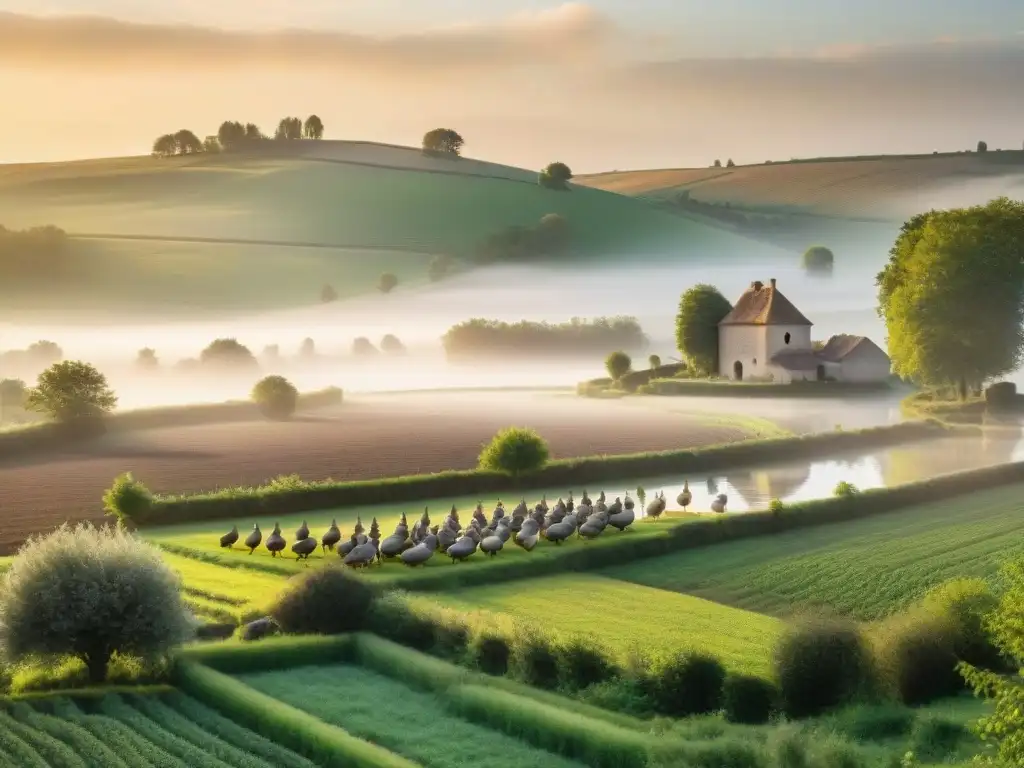 Granja francesa en Périgord: paisaje idílico con patos y foie gras Paisaje campestre francés con patos cerca de un estanque al atardecer