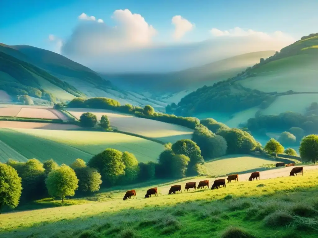 Paisaje campestre francés con vacas pastando, granja de piedra y cielo azul