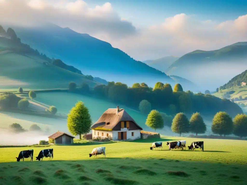 Paisaje campestre en Francia con vacas pastando y una quesería tradicional francesa