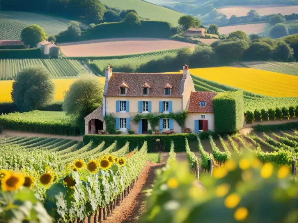 Paisaje de campo francés sereno con viñedos, granja de piedra y girasoles