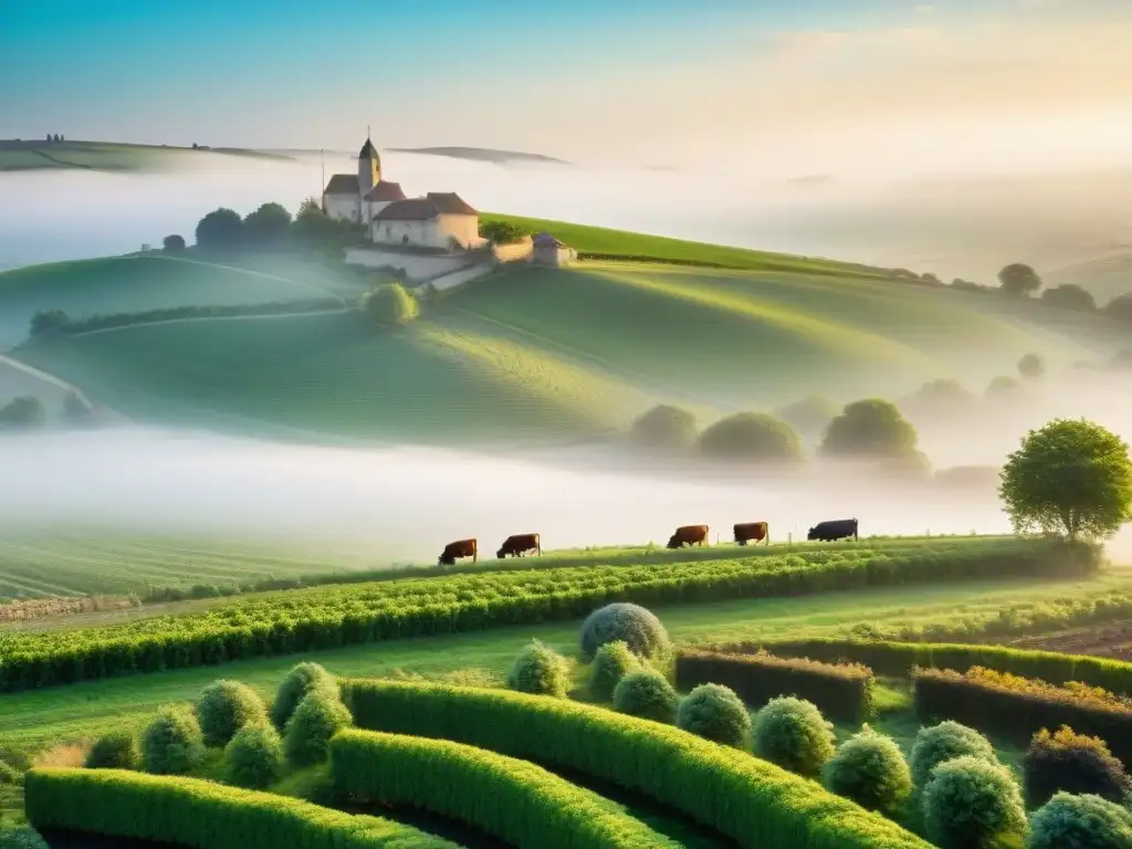 Paisaje de campo francés con vacas pastando, granjas de piedra y huerto