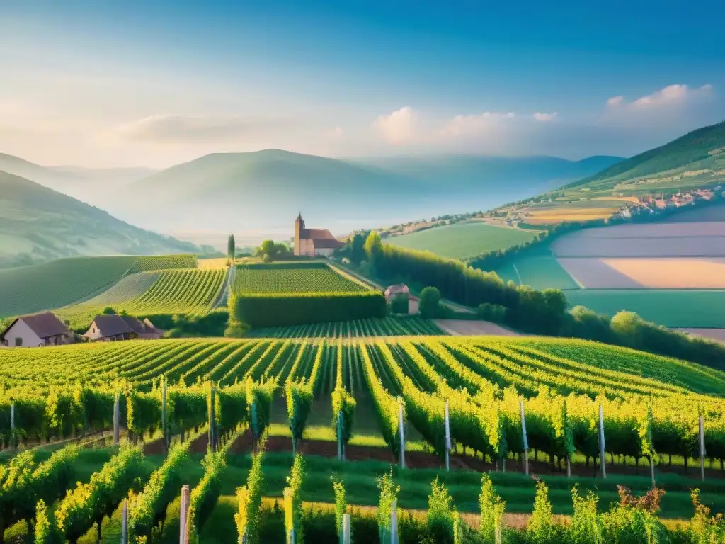 Un paisaje cautivador de los viñedos de Alsacia, Francia, bañados en luz dorada con los Vosgos al fondo