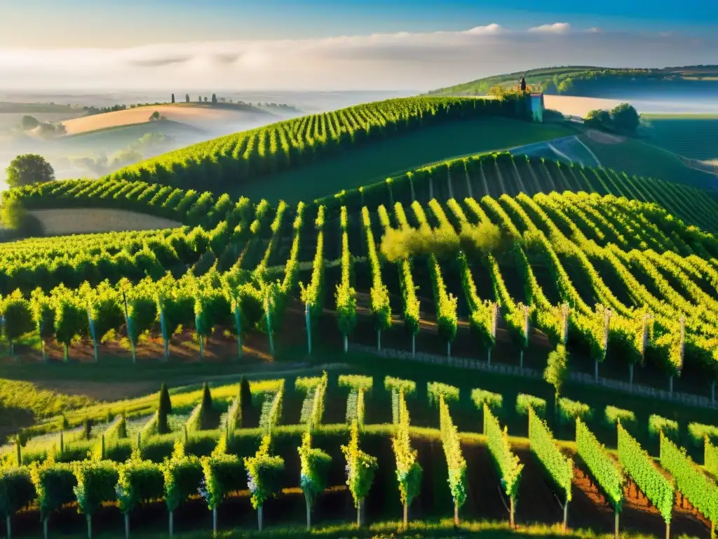 Un paisaje cautivador de los viñedos de Burdeos, Francia, con patrones de uvas y tonos verdes, châteaux históricos y el río Gironde